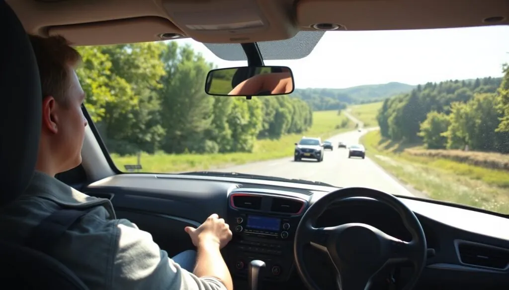 View through the windshield of a training car on an open highway